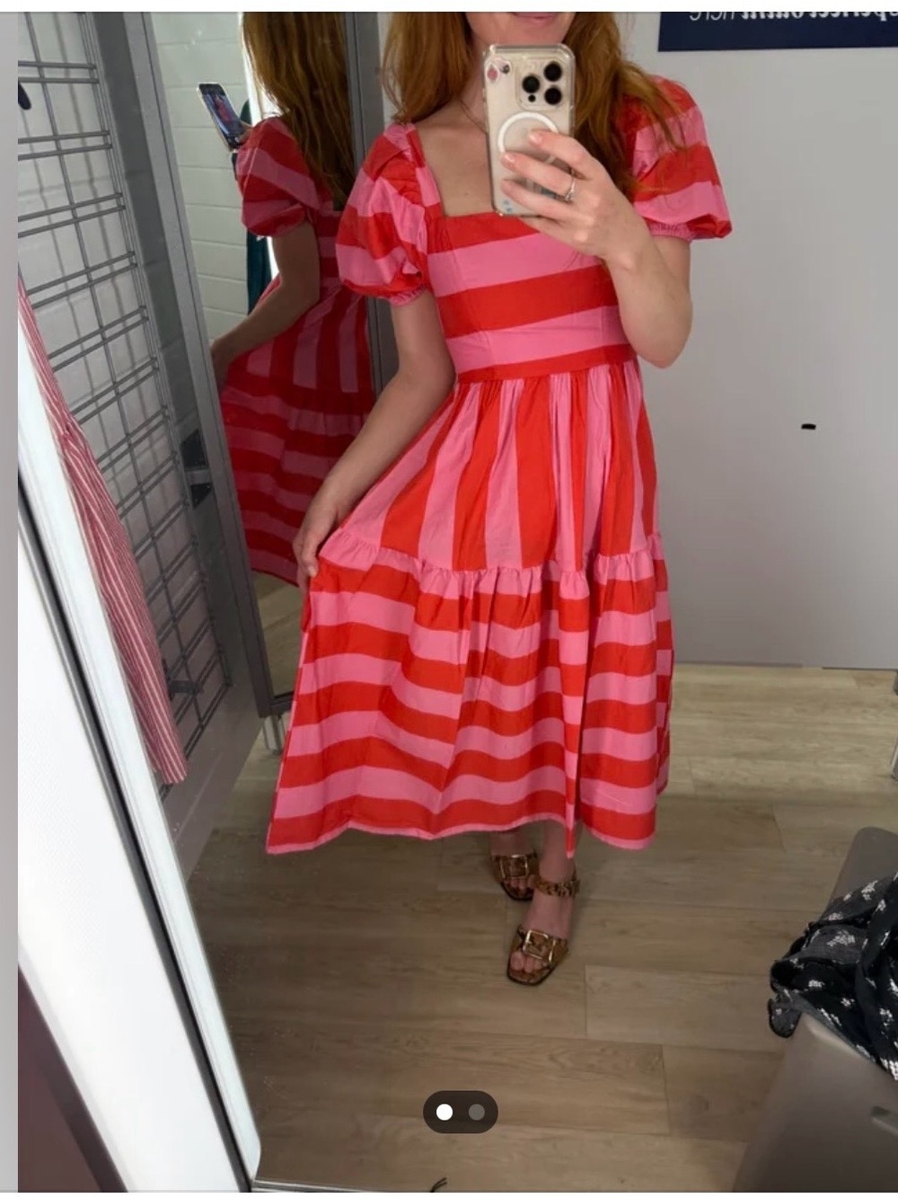 Red Striped Midi  Dress with Square Neck